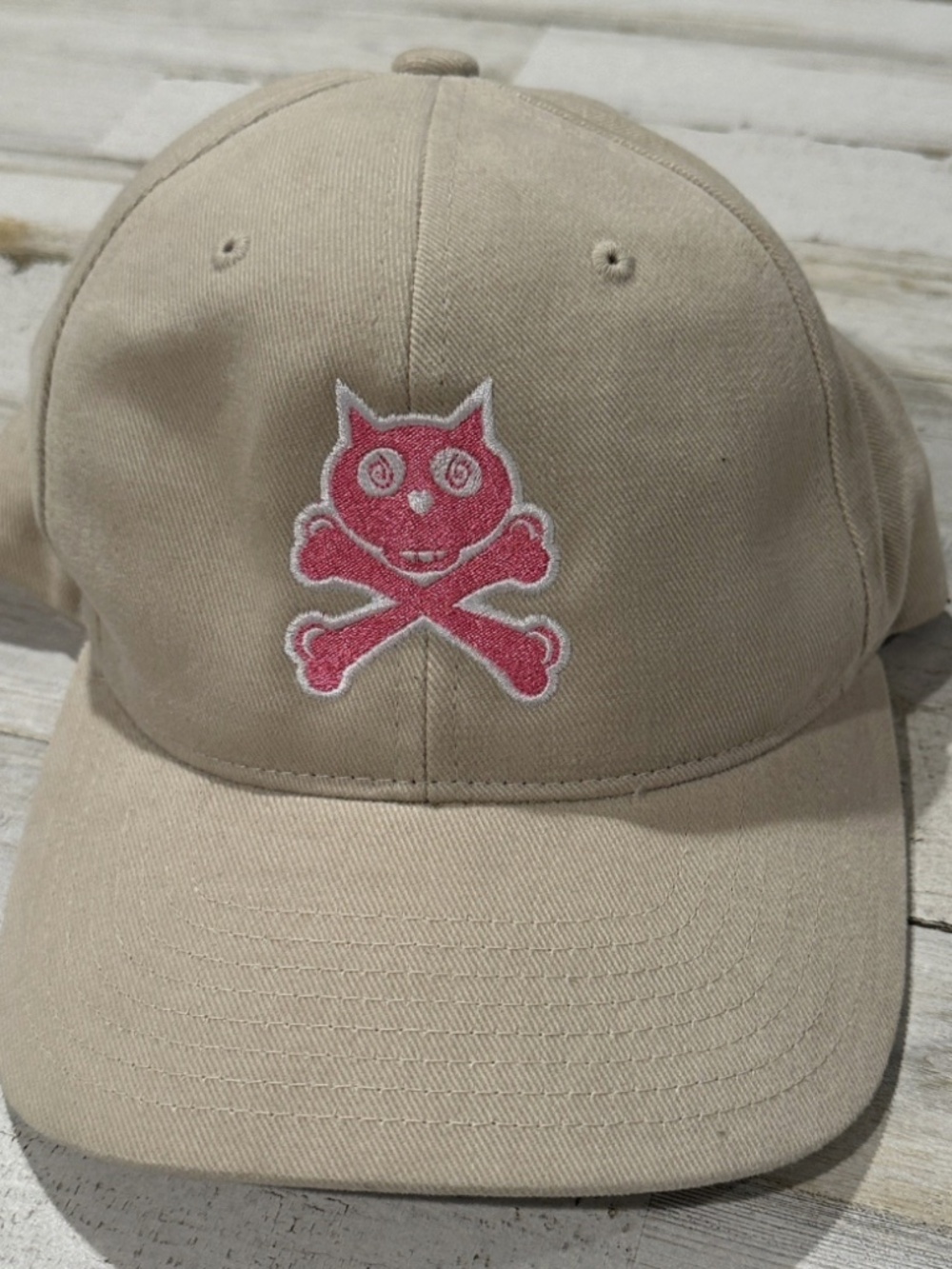 TOKIDOKI Adios Cat Skull Crossbones Beige Adjustable Yupoong Hat SnapBack Cap
